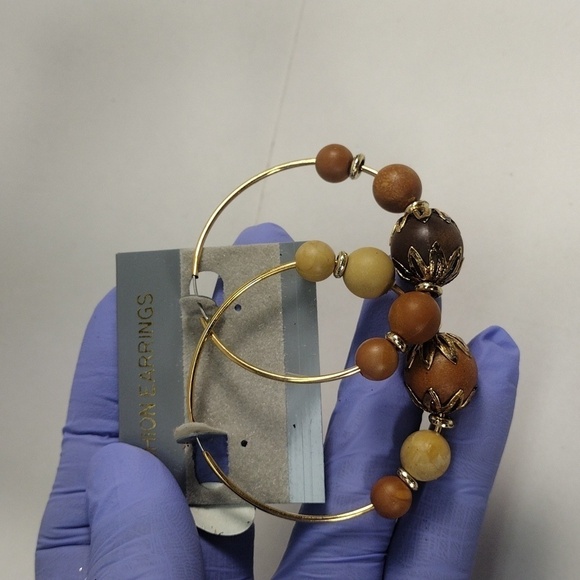 Boho Beaded Hoop Earrings – Natural Wood Look Beads, Gold-Tone Wire – Jewelry #6 - Picture 6 of 6